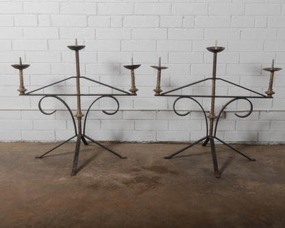 Pair of Antique Large Wrought Iron and Brass Church Candelabras