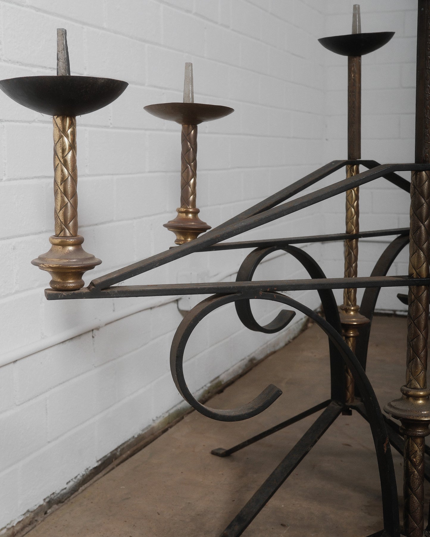 Pair of Antique Large Wrought Iron and Brass Church Candelabras