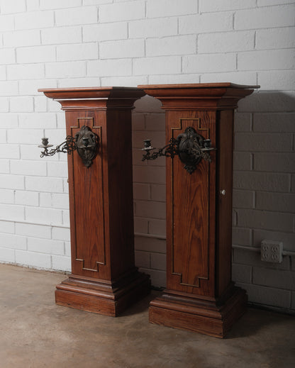 Pair of Gothic Revival Church Pedestal Stands with Wrought Iron Candle Sconces