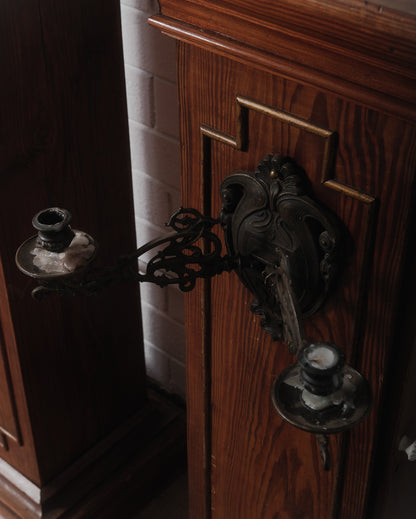 Pair of Gothic Revival Church Pedestal Stands with Wrought Iron Candle Sconces