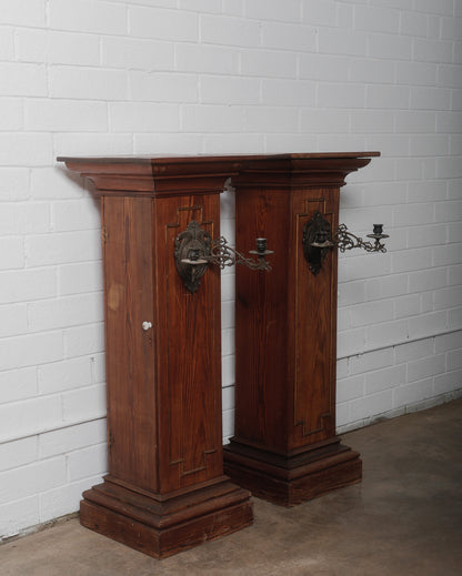 Pair of Gothic Revival Church Pedestal Stands with Wrought Iron Candle Sconces