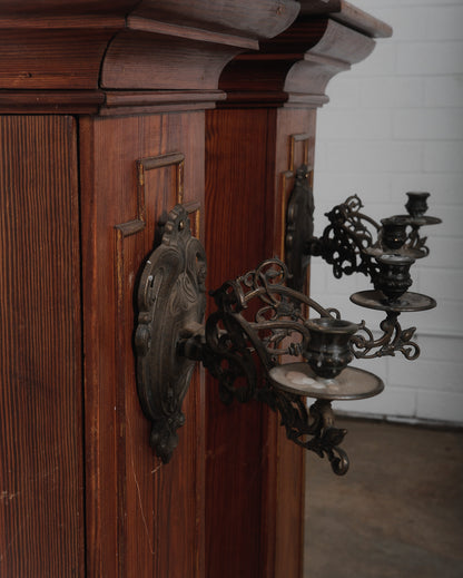 Pair of Gothic Revival Church Pedestal Stands with Wrought Iron Candle Sconces