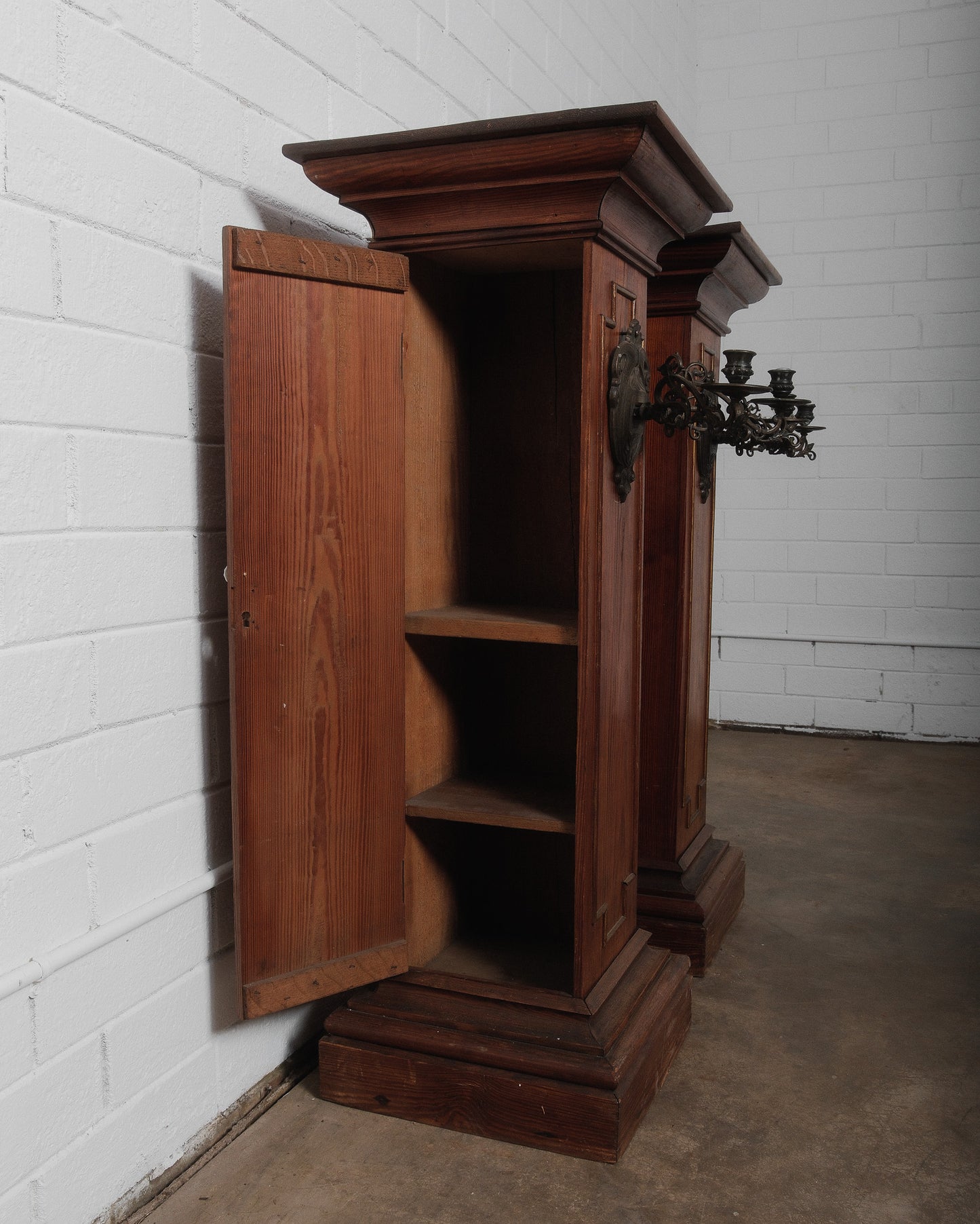 Pair of Gothic Revival Church Pedestal Stands with Wrought Iron Candle Sconces
