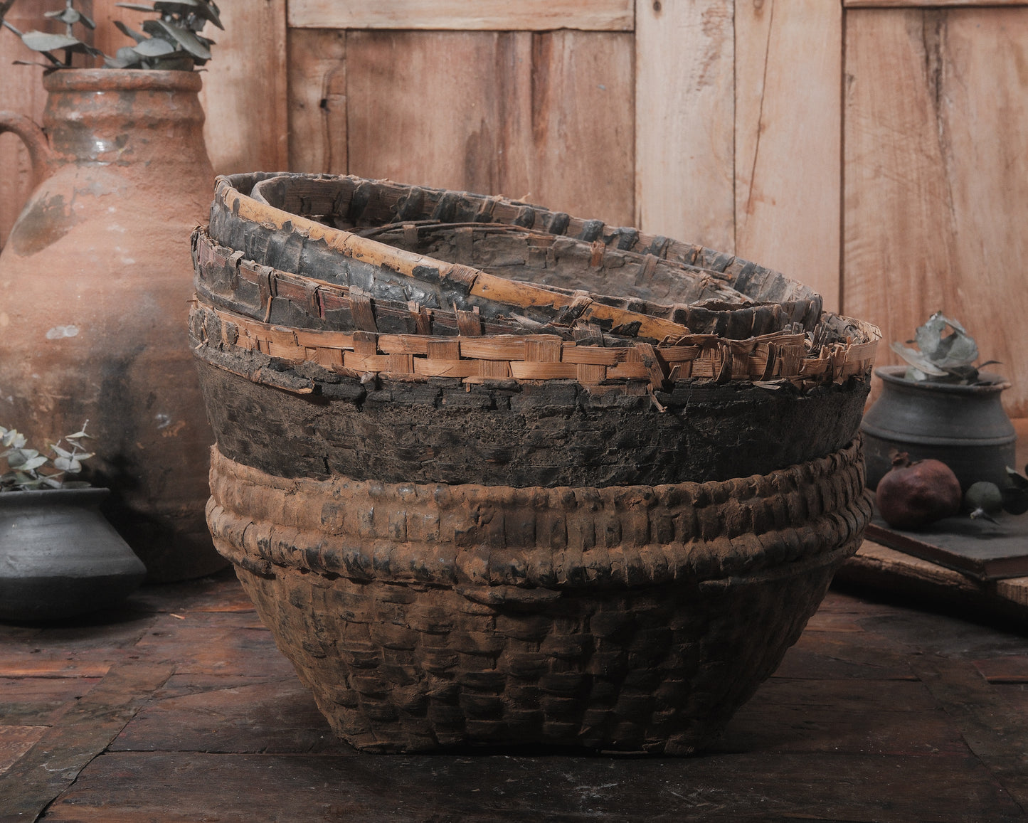 Vintage Indian Woven Mud Basket
