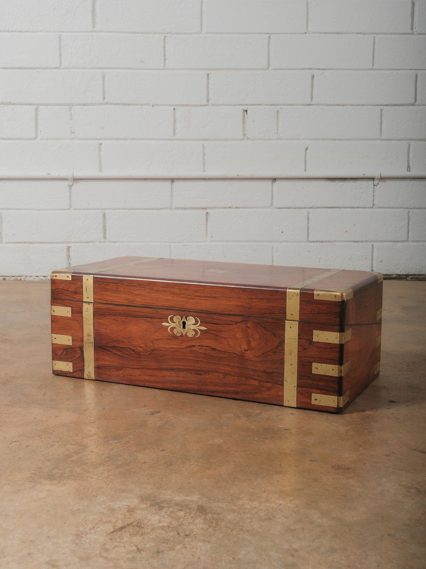 Vintage Brass Bound Campaign Writing Slope Lap Desk with Velvet Interior Storage Compartments