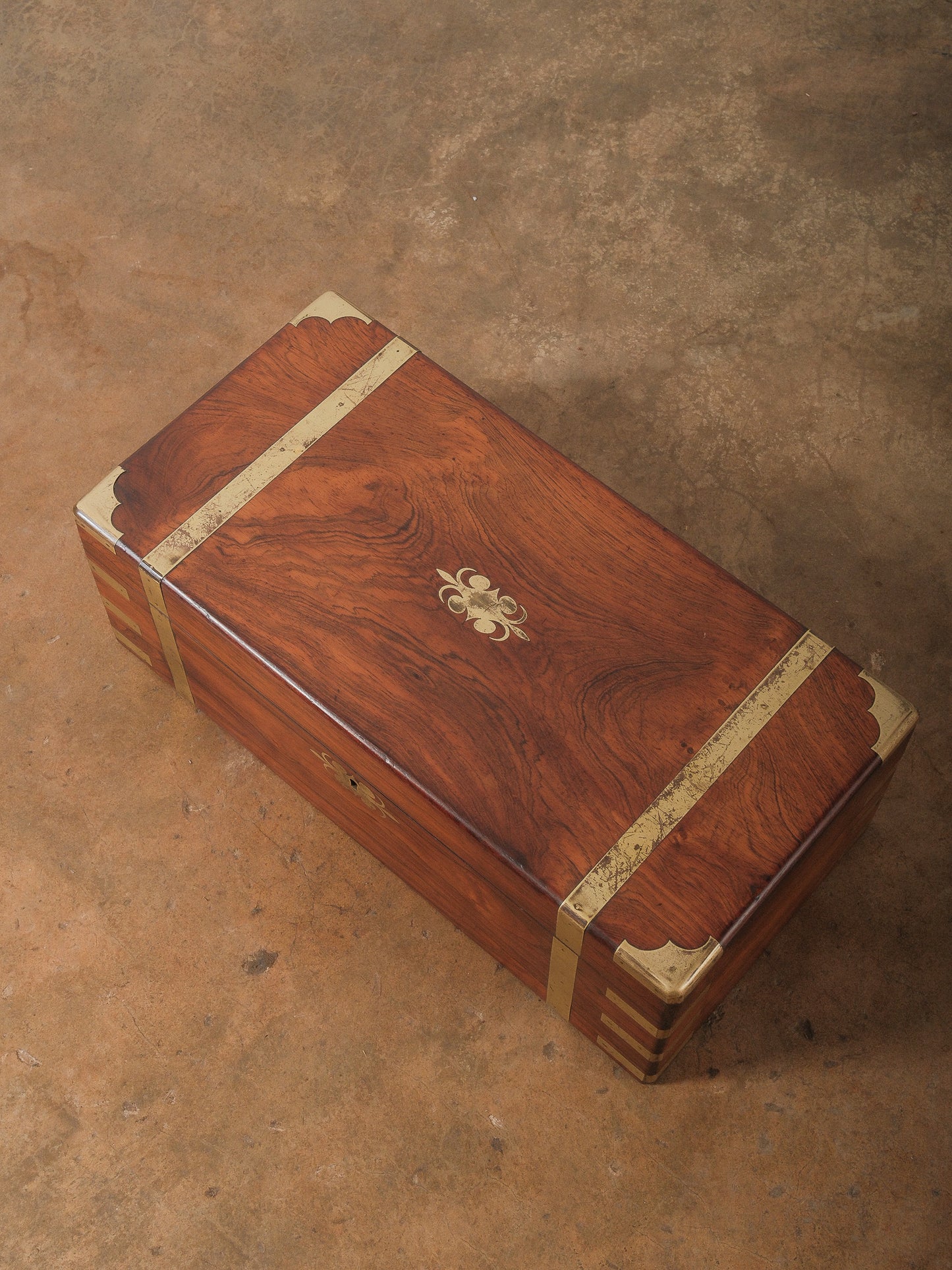Vintage Brass Bound Campaign Writing Slope Lap Desk with Velvet Interior Storage Compartments