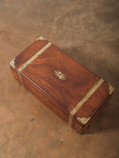 Vintage Brass Bound Campaign Writing Slope Lap Desk with Velvet Interior Storage Compartments