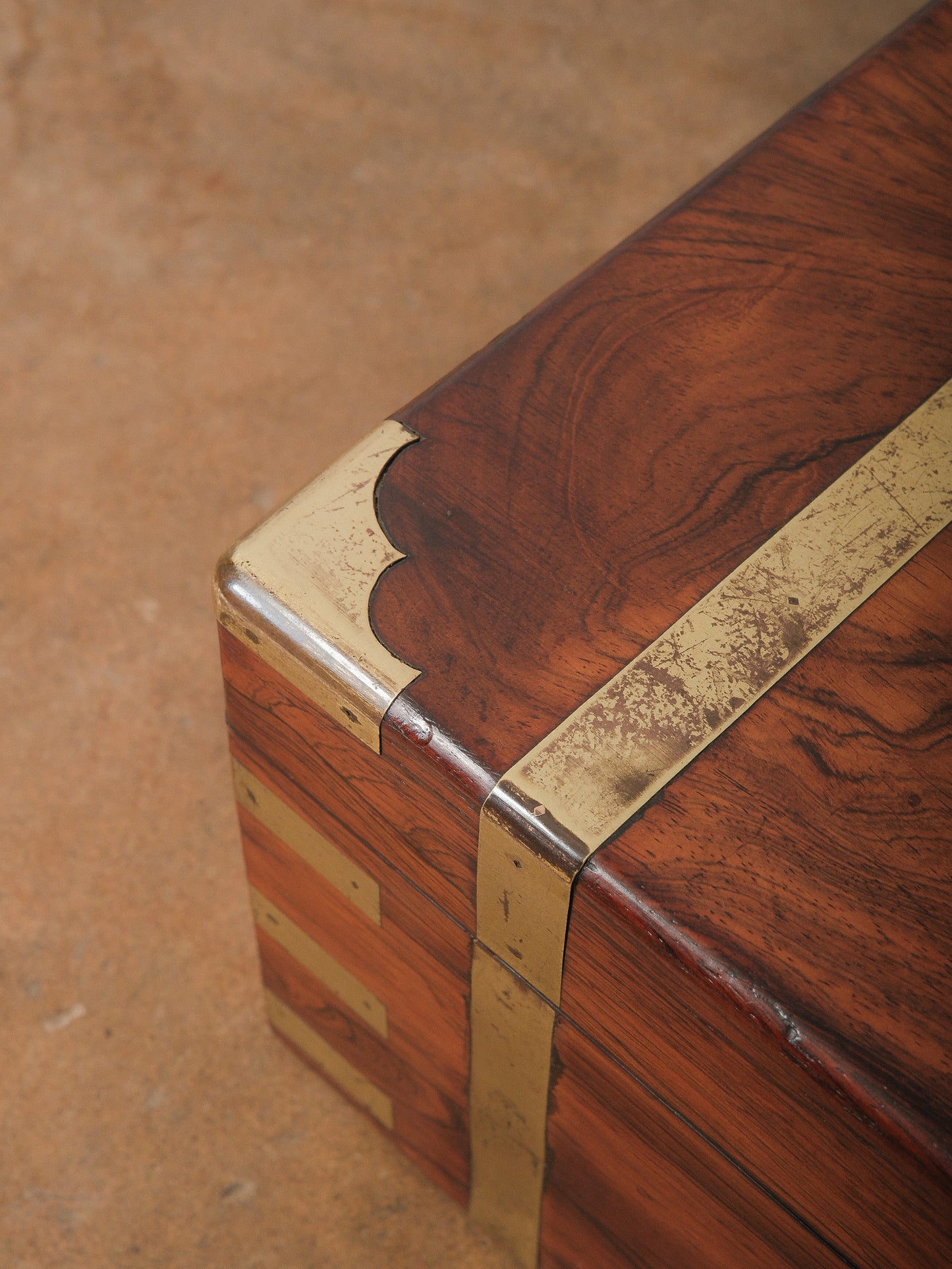 Vintage Brass Bound Campaign Writing Slope Lap Desk with Velvet Interior Storage Compartments