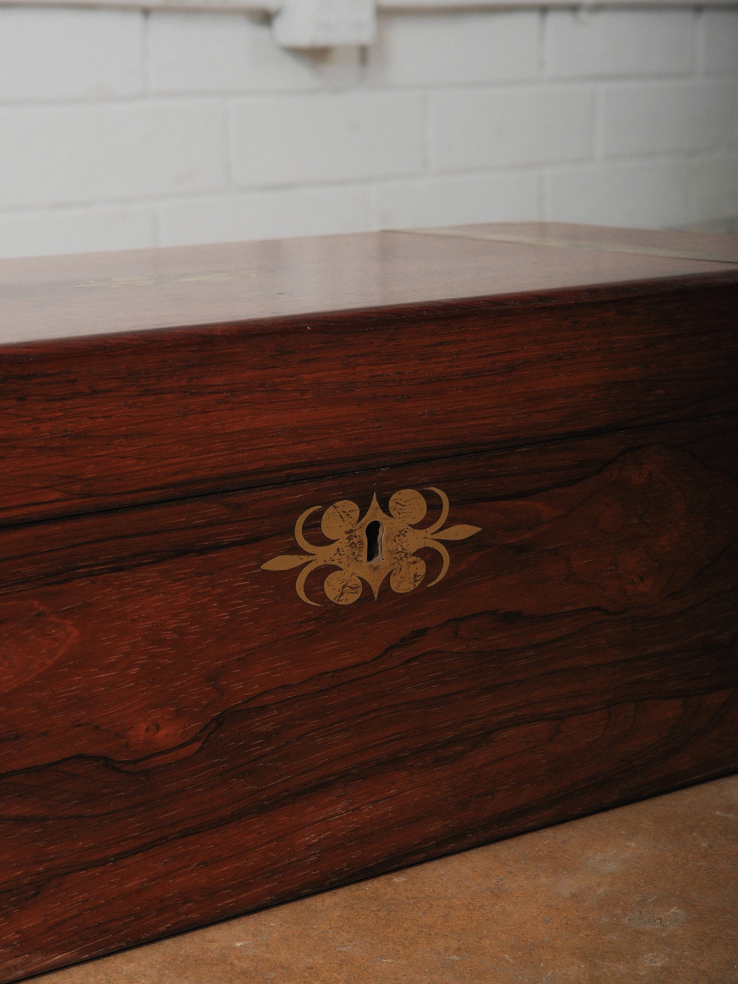 Vintage Brass Bound Campaign Writing Slope Lap Desk with Velvet Interior Storage Compartments