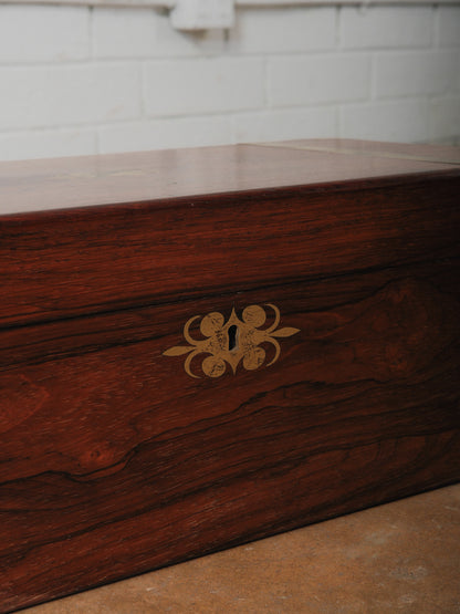 Vintage Brass Bound Campaign Writing Slope Lap Desk with Velvet Interior Storage Compartments