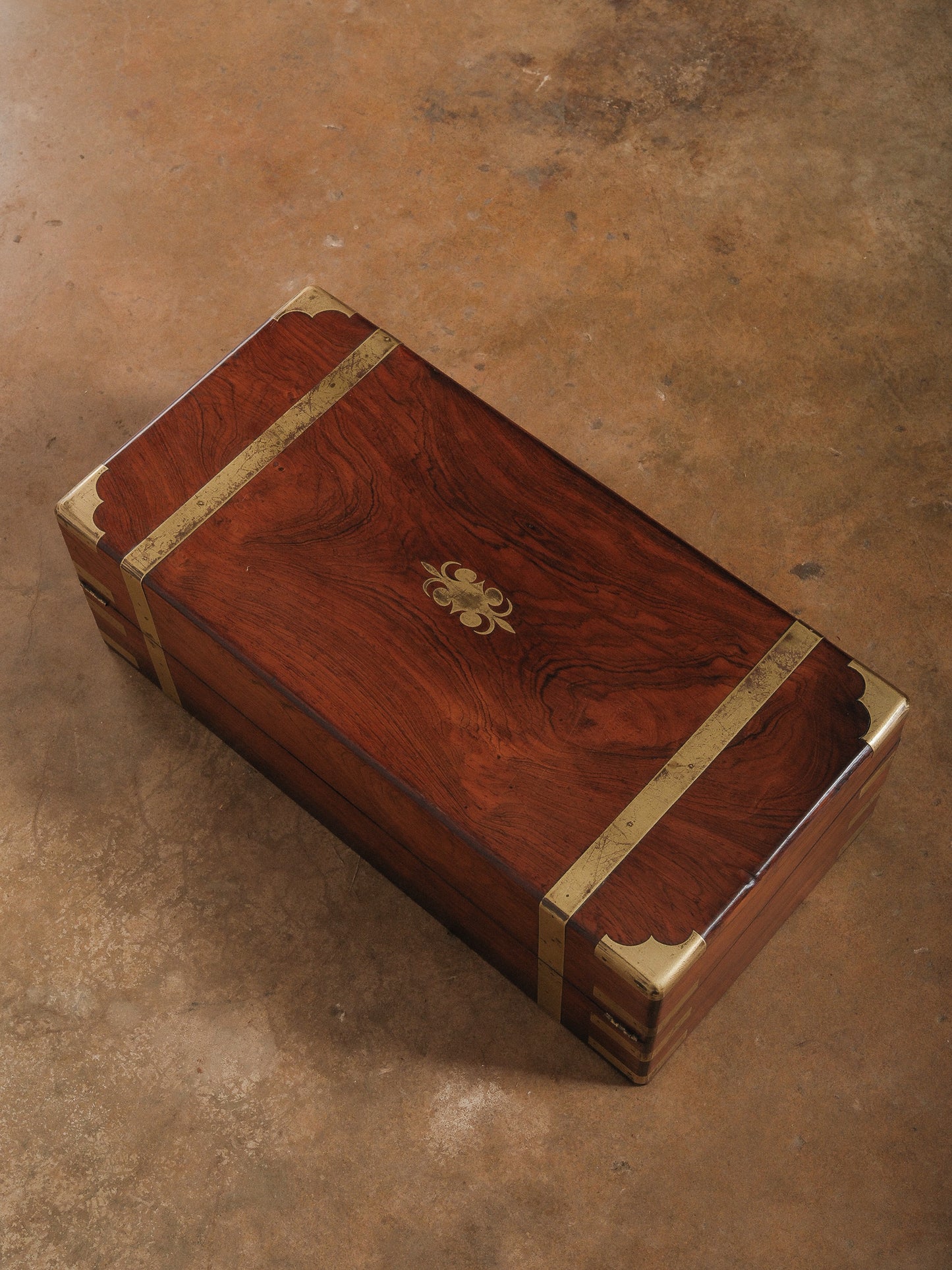 Vintage Brass Bound Campaign Writing Slope Lap Desk with Velvet Interior Storage Compartments