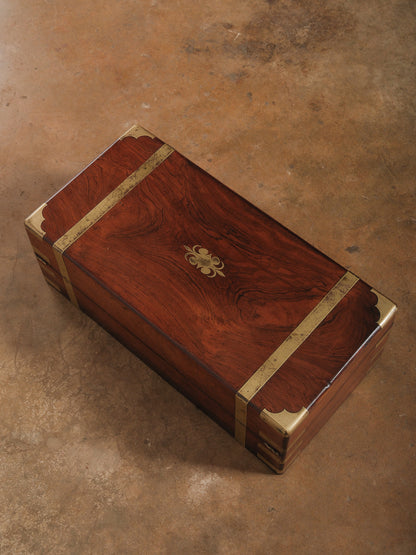 Vintage Brass Bound Campaign Writing Slope Lap Desk with Velvet Interior Storage Compartments