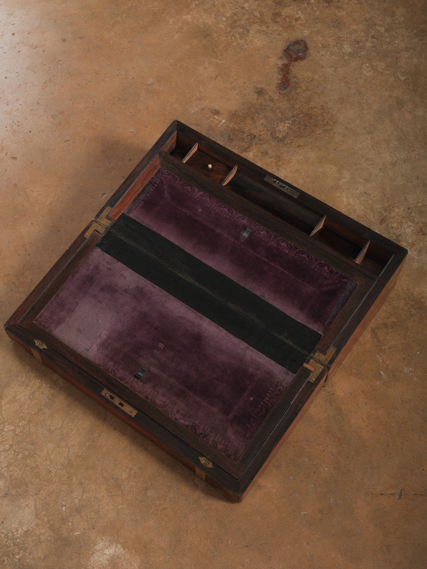 Vintage Brass Bound Campaign Writing Slope Lap Desk with Velvet Interior Storage Compartments