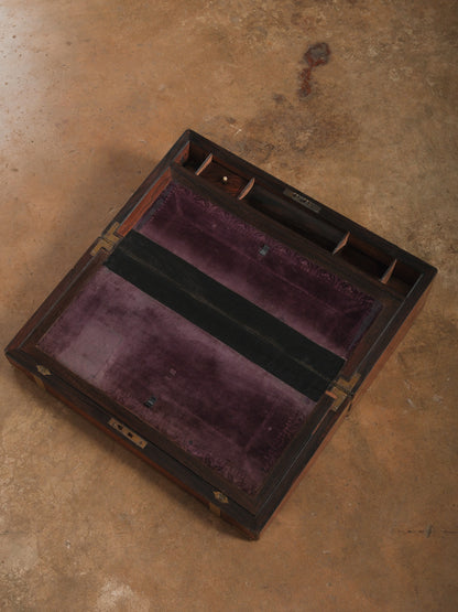 Vintage Brass Bound Campaign Writing Slope Lap Desk with Velvet Interior Storage Compartments