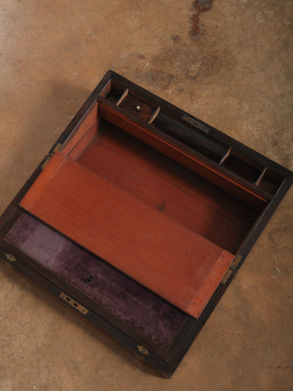 Vintage Brass Bound Campaign Writing Slope Lap Desk with Velvet Interior Storage Compartments