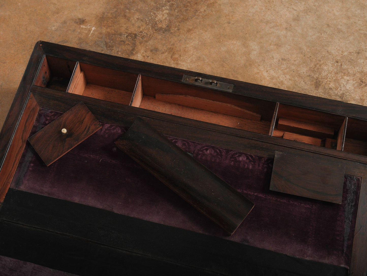 Vintage Brass Bound Campaign Writing Slope Lap Desk with Velvet Interior Storage Compartments