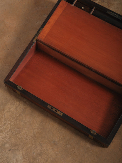 Vintage Brass Bound Campaign Writing Slope Lap Desk with Velvet Interior Storage Compartments