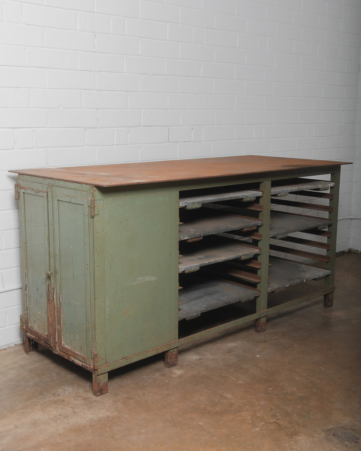 Early 20th Century Industrial Metal Workbench with Storage