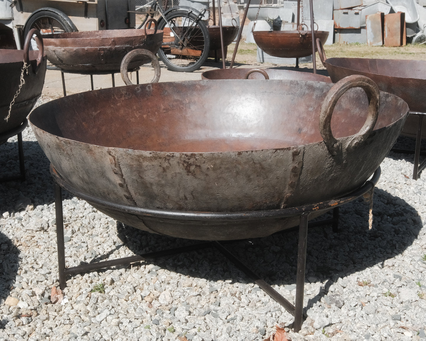 Vintage Indian Iron Wok Fire Pit on Stand