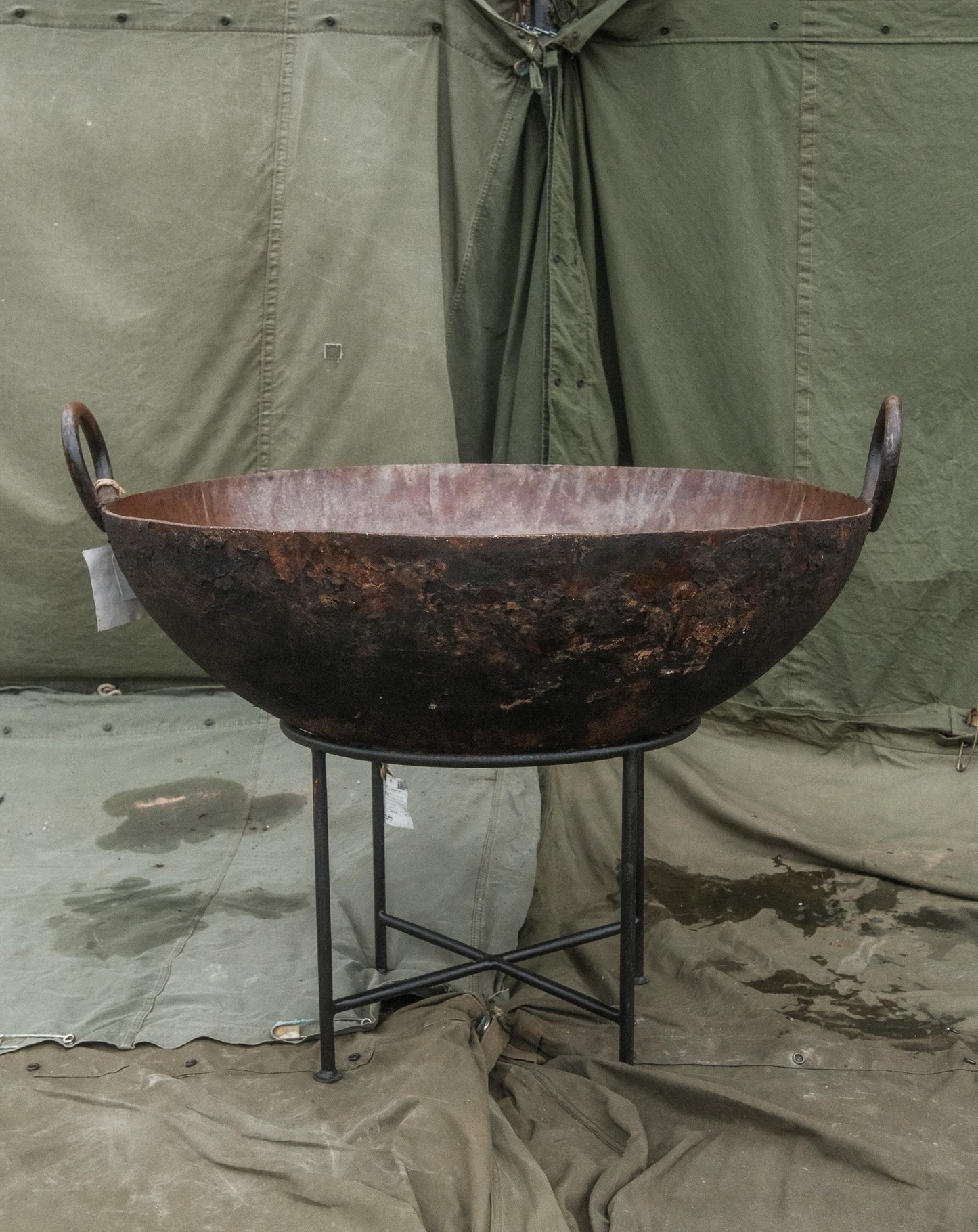 Vintage Indian Iron Wok Fire Pit on Stand