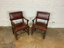 Load image into Gallery viewer, Leather Seated Wood Framed Dining Chair with Arms, One Pair