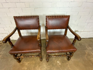 Leather Seated Wood Framed Dining Chair with Arms, One Pair