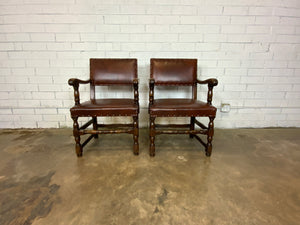 Leather Seated Wood Framed Dining Chair with Arms, One Pair