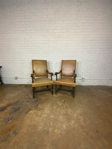 Leather Seated Arm Chairs with Barley Twist Wood Frame, One Pair