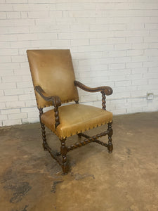 Leather Seated Arm Chairs with Barley Twist Wood Frame, One Pair