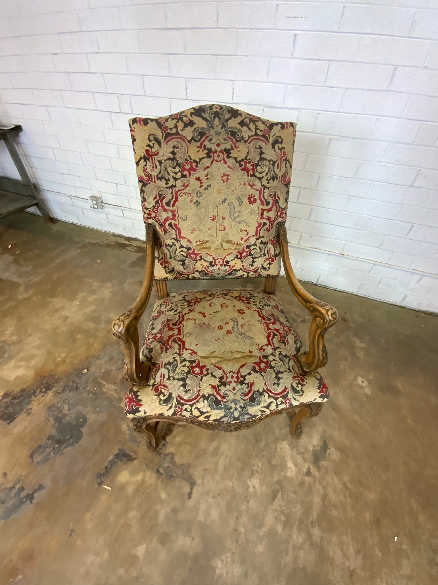 Needlepoint Tapestry Arm Chair with wood accents