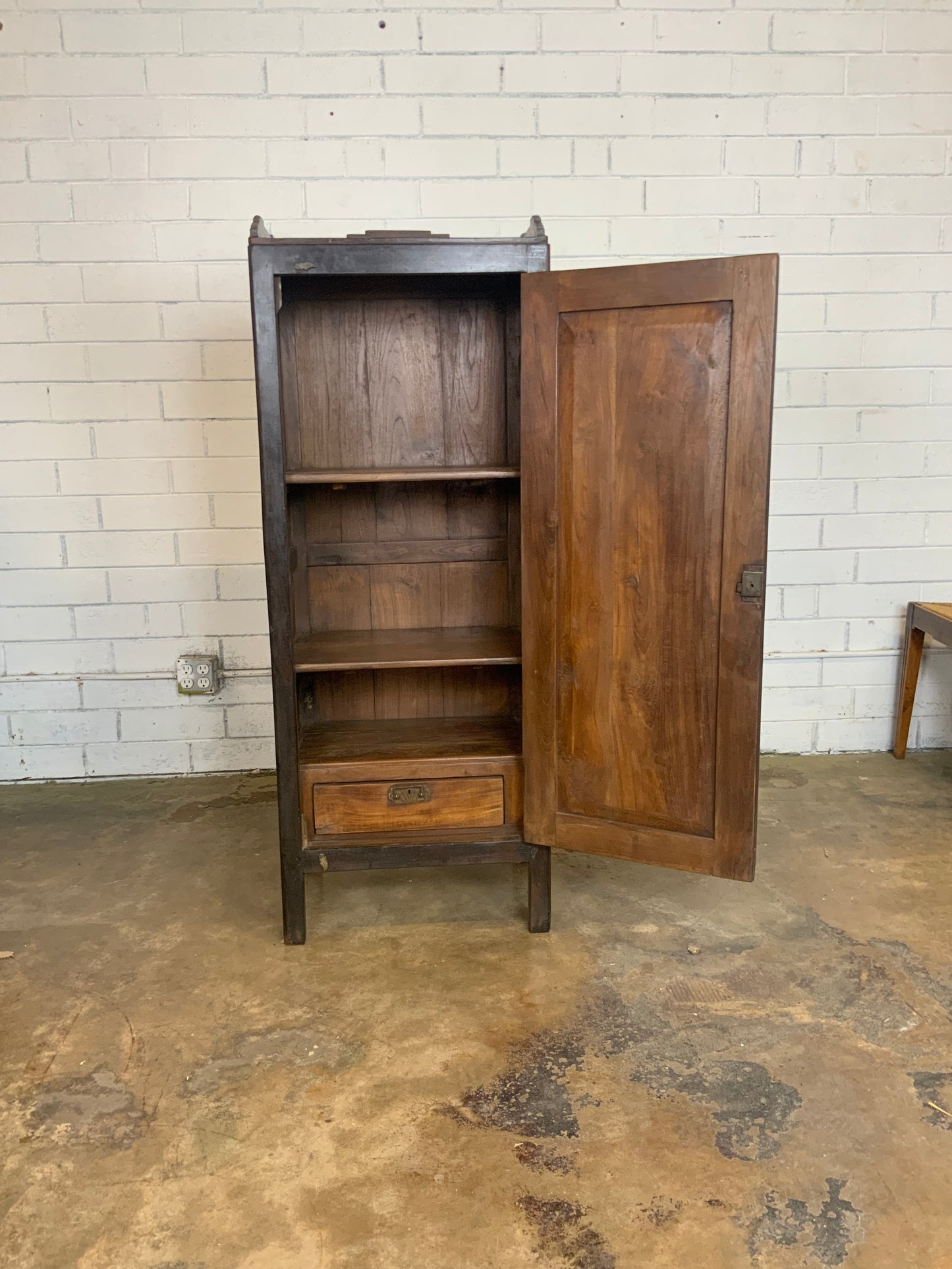 Dark Stained Narrow Wood Cabinet with interior drawer
