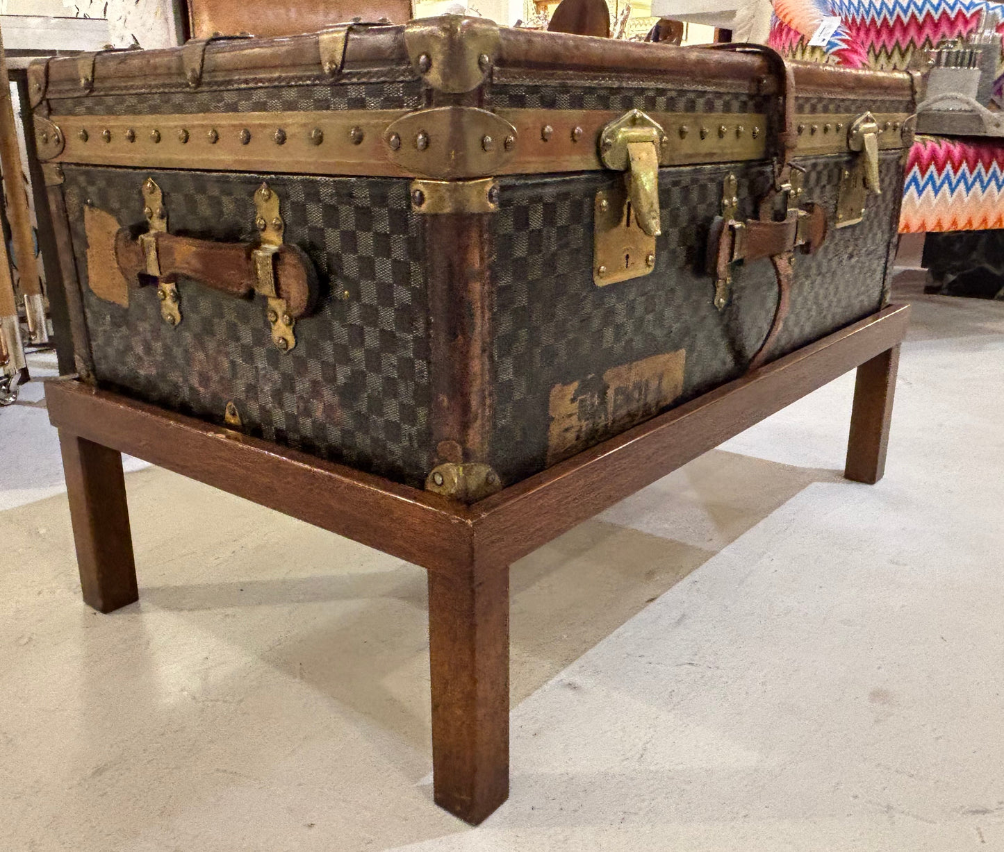 Antique Moynat Steamer Trunk on Custom Stand Early 1900s French Checkered Canvas
