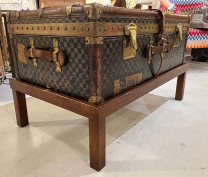 Antique Moynat Steamer Trunk on Custom Stand Early 1900s French Checkered Canvas