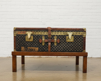 Antique Moynat Steamer Trunk on Custom Stand Early 1900s French Checkered Canvas