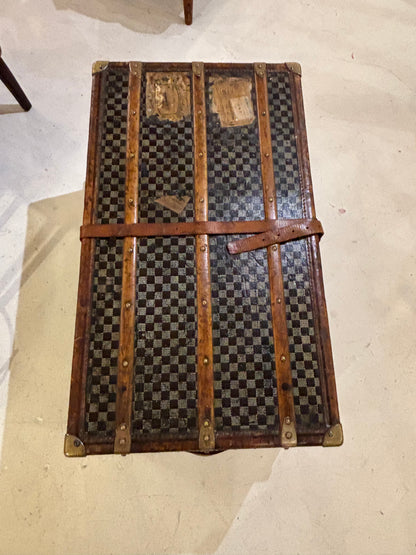 Antique Moynat Steamer Trunk on Custom Stand Early 1900s French Checkered Canvas