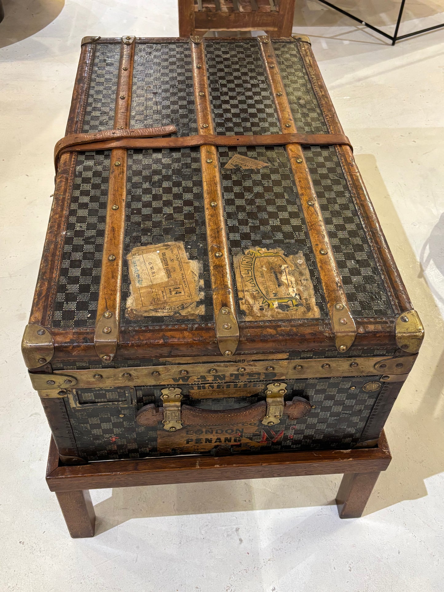 Antique Moynat Steamer Trunk on Custom Stand Early 1900s French Checkered Canvas