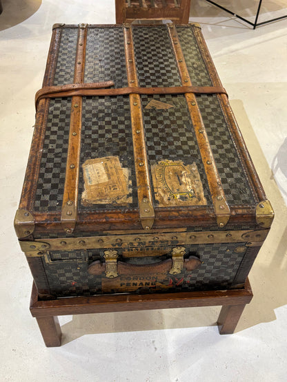 Antique Moynat Steamer Trunk on Custom Stand Early 1900s French Checkered Canvas