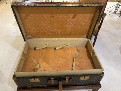 Antique Moynat Steamer Trunk on Custom Stand Early 1900s French Checkered Canvas