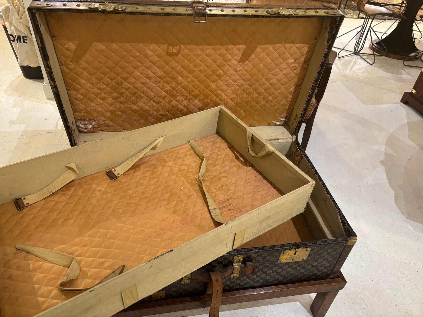 Antique Moynat Steamer Trunk on Custom Stand Early 1900s French Checkered Canvas