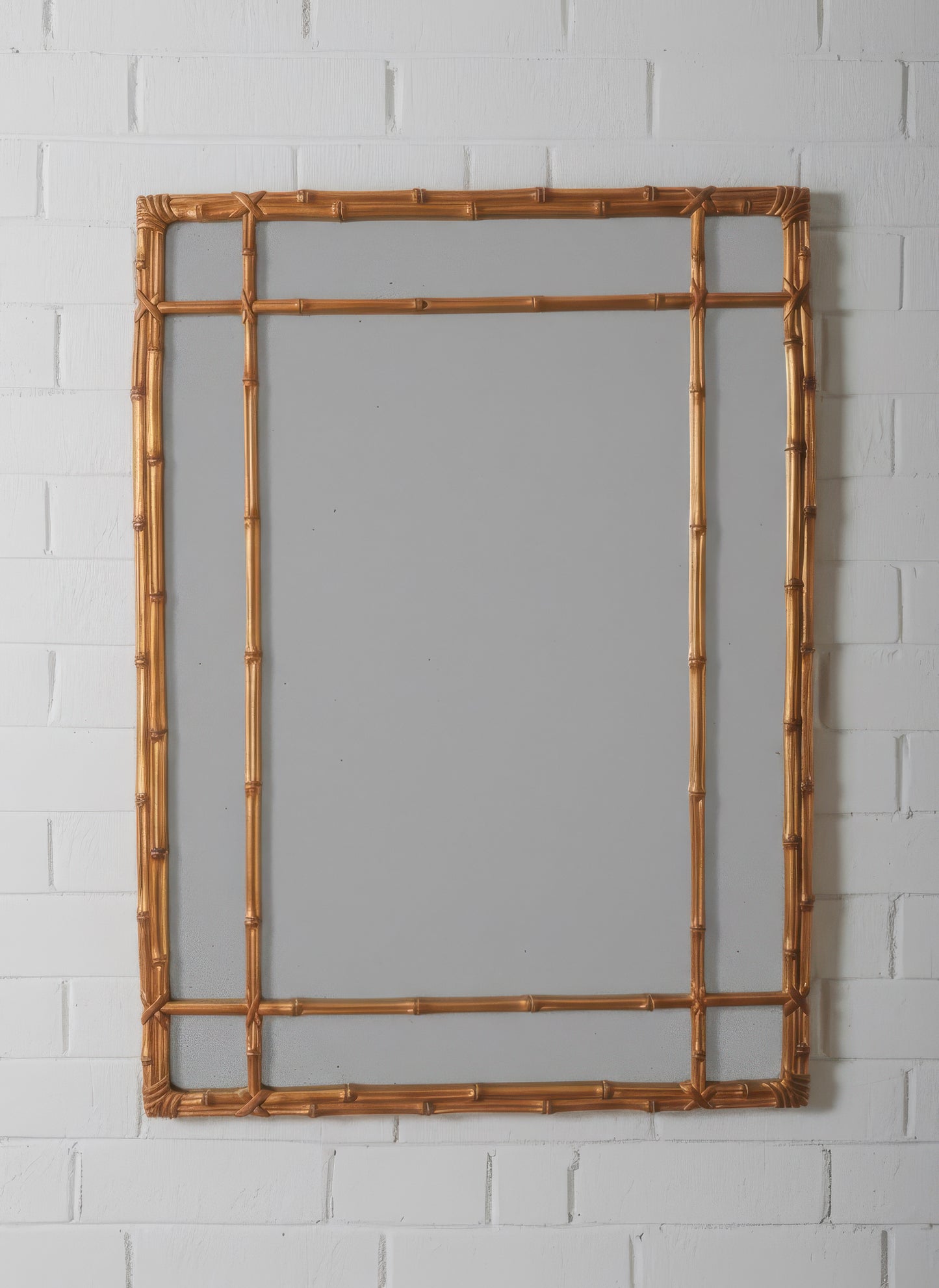 Gilt Faux Bamboo Pagoda Style Mirror with Paneled Grid Frame