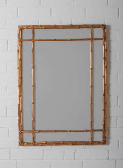 Gilt Faux Bamboo Pagoda Style Mirror with Paneled Grid Frame