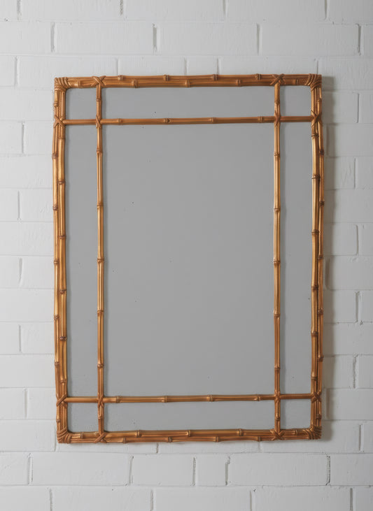 Gilt Faux Bamboo Pagoda Style Mirror with Paneled Grid Frame
