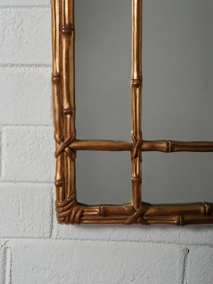 Gilt Faux Bamboo Pagoda Style Mirror with Paneled Grid Frame