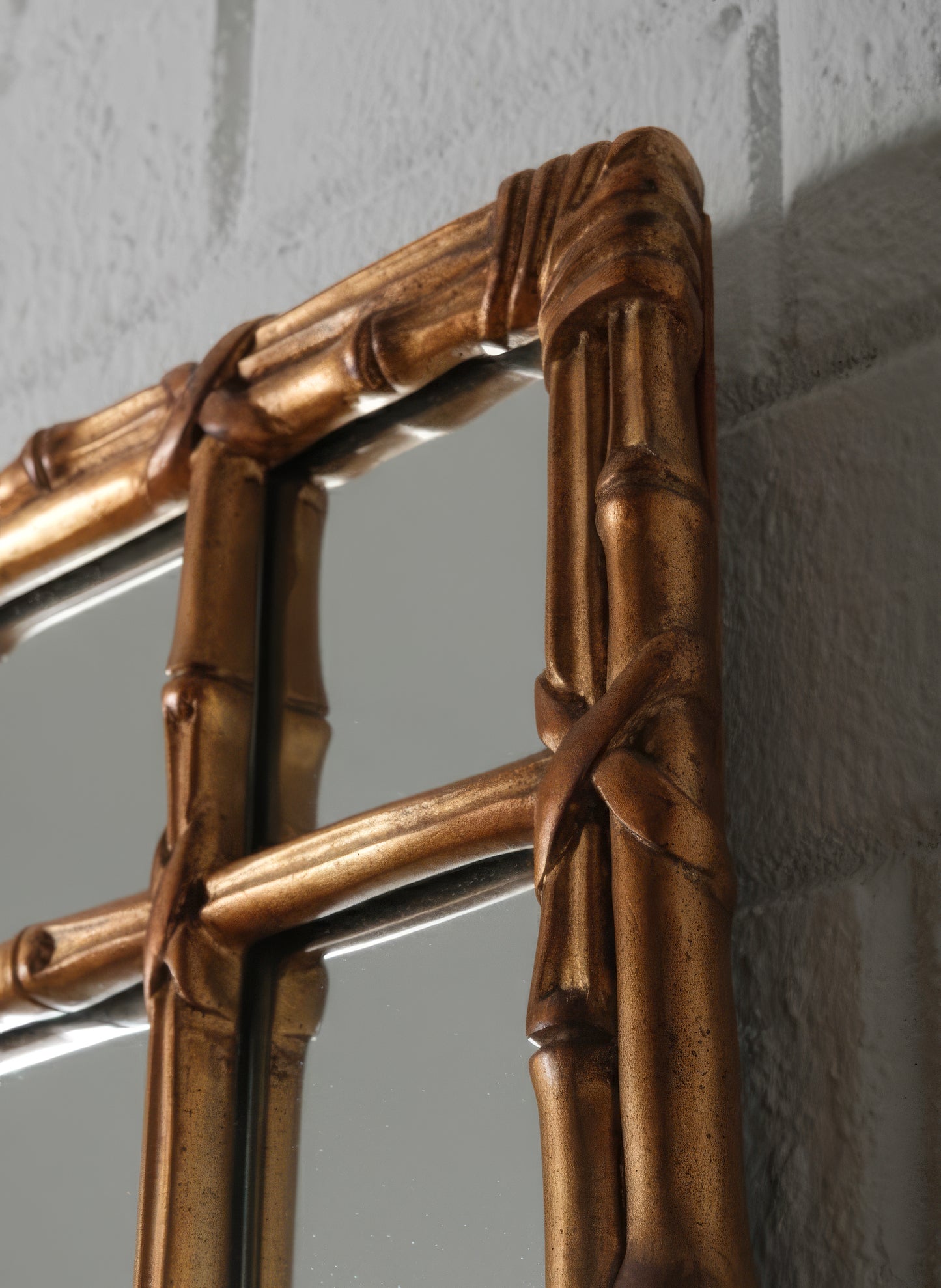 Gilt Faux Bamboo Pagoda Style Mirror with Paneled Grid Frame