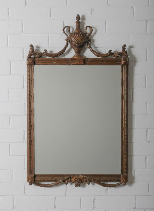 Carved Wood Mirror with Classical Urn Crest and Applied Metal Ornamentation