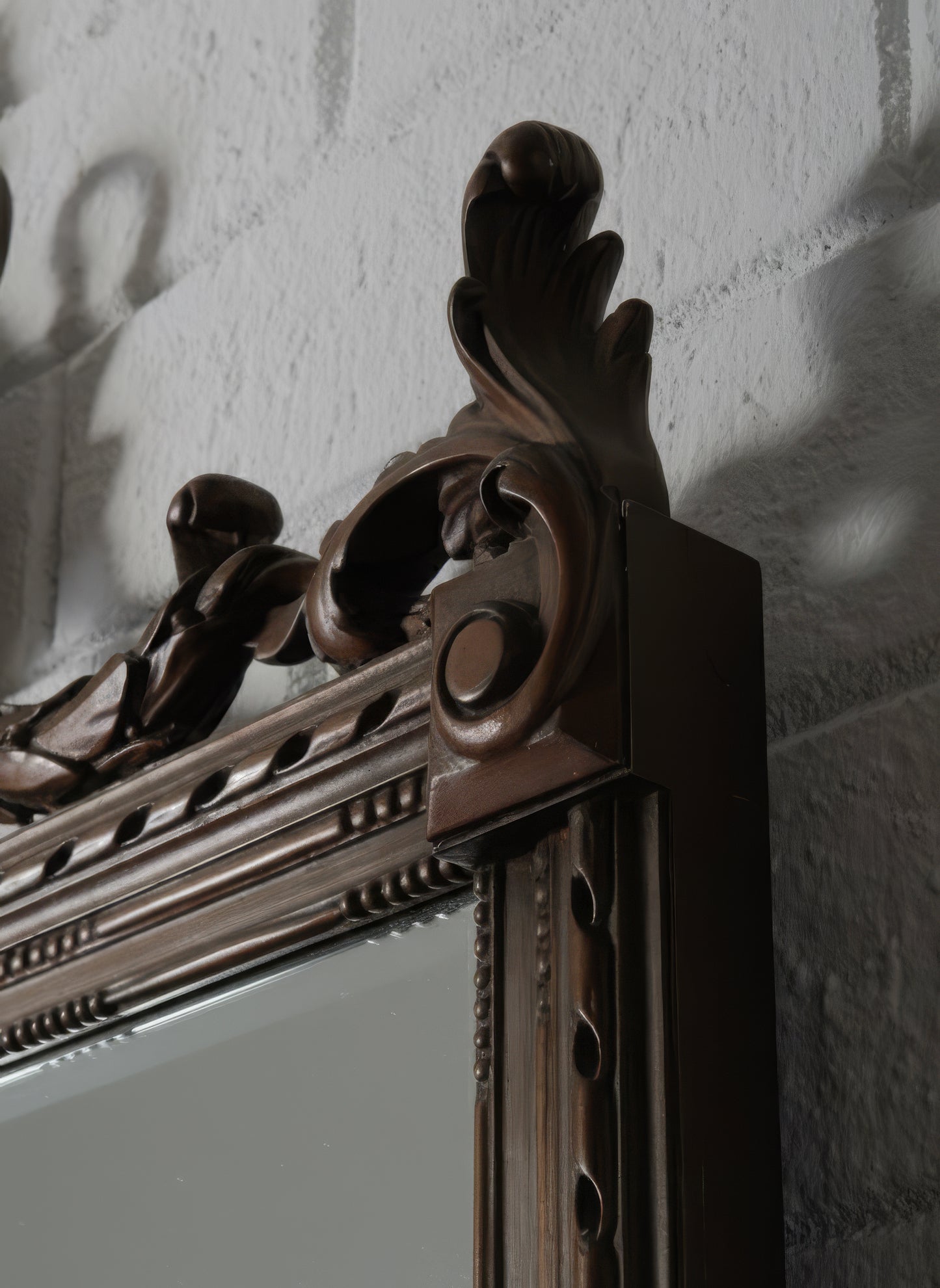 Carved Wood Mirror with Classical Urn Crest and Applied Metal Ornamentation