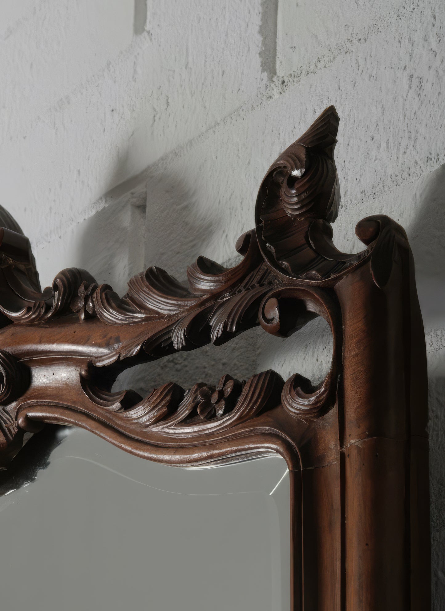 Continental European Hand-Carved Wood Mirror with Rococo-Inspired Crest