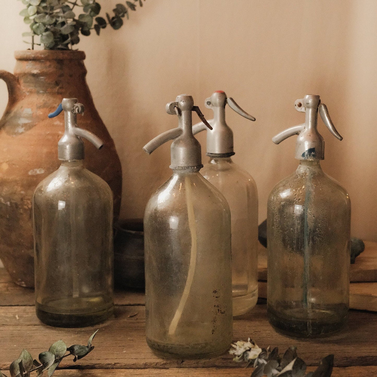 Vintage Soda Siphon Bottles in Wooden Crate
