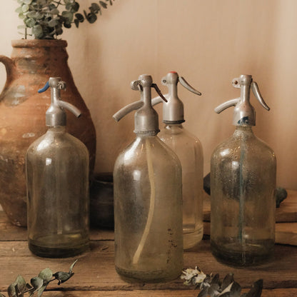 Vintage Soda Siphon Bottles in Wooden Crate