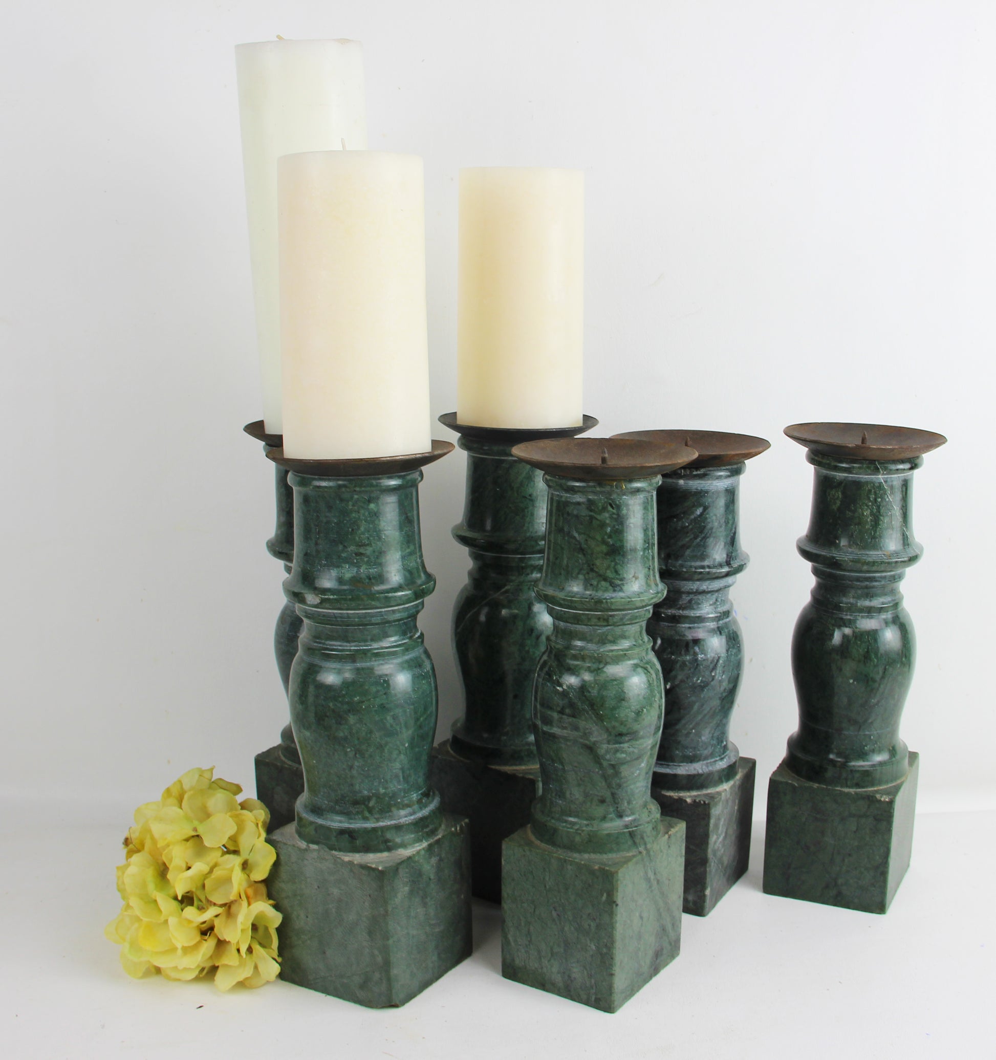 Green Marble Brass Candle Stick Holders, Set of Three - I Like